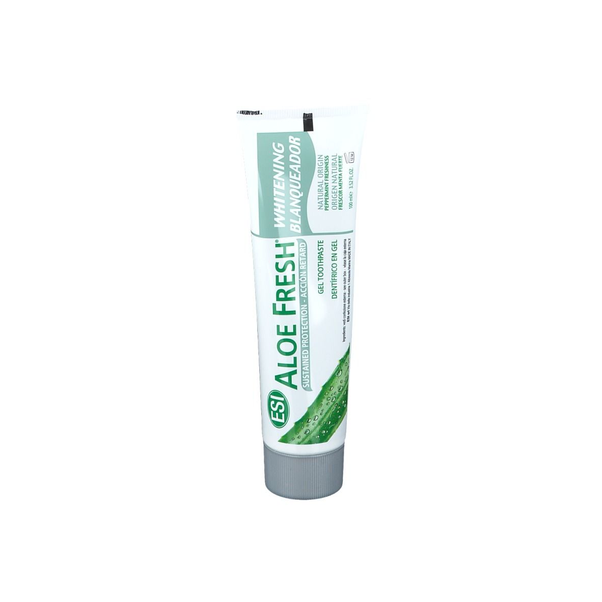 Zahncreme-Tube mit grün-weißem Design. Aufschrift: Aloe Fresh, Whitening, für weiße Zähne. Grauer Verschluss.