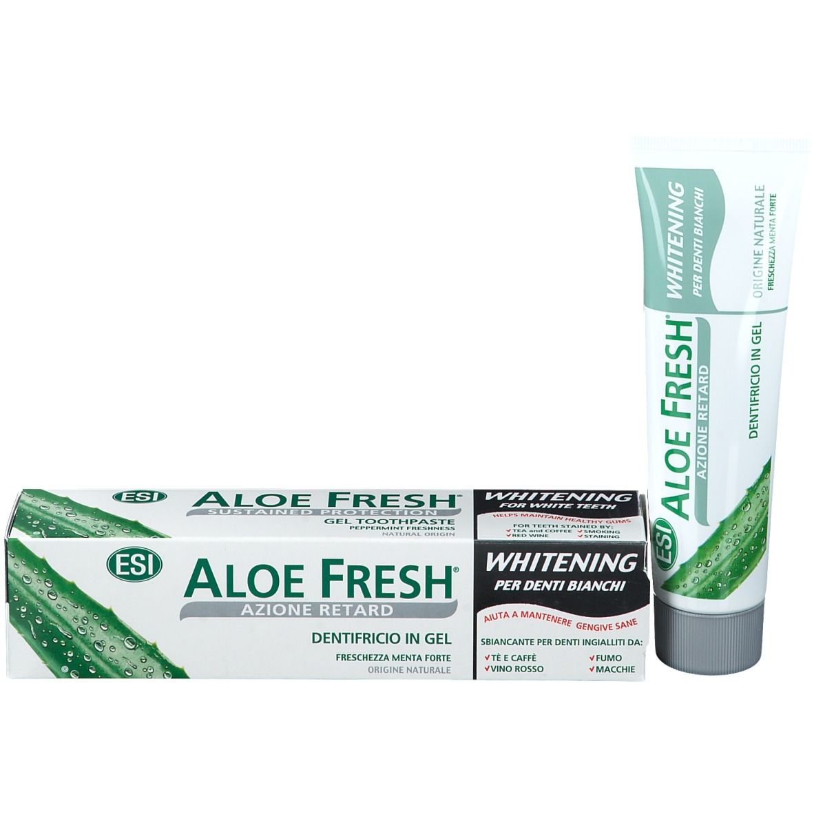 Zahncreme-Tube und Schachtel. Aufschrift: Aloe Fresh, Whitening, für weiße Zähne. Grün-weißes Design.  Zusätzliche Informationen.