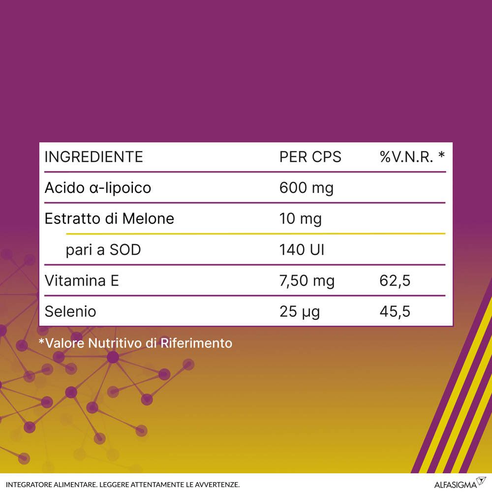 Inhaltsstofftabelle: Alpha-Liponsäure, Melonenextrakt, Vitamin E, Selen. Prozentuale Nährwerte.
