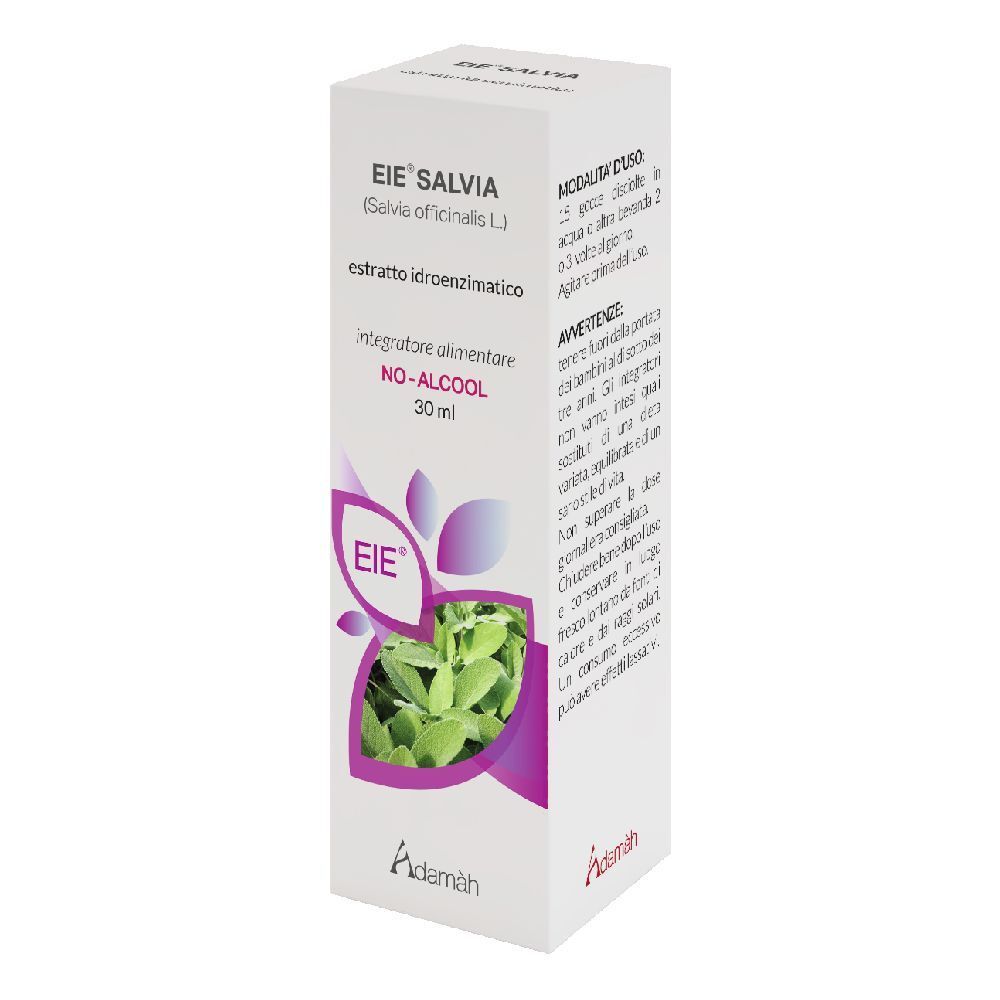 Weißer Karton mit Produktinformationen. Aufdruck: EIE Salvia, Salbei-Extrakt, 30 ml, NO-ALCOOL. Logo EIE und Adamàh.
