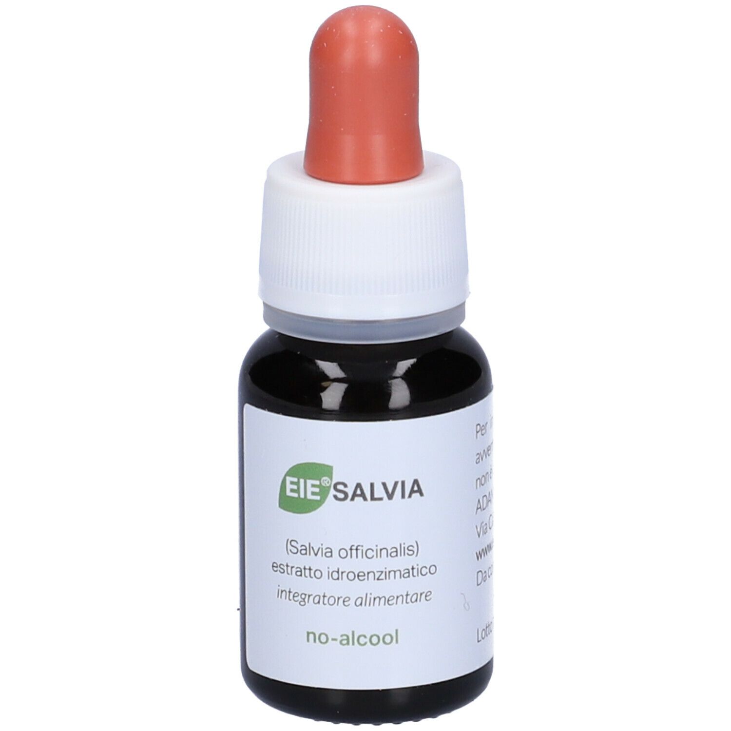 Braune Glasflasche mit Tropfer. Aufschrift: EIE Salvia, Salbei-Extrakt, NO-ALCOOL. Roter Tropfer.