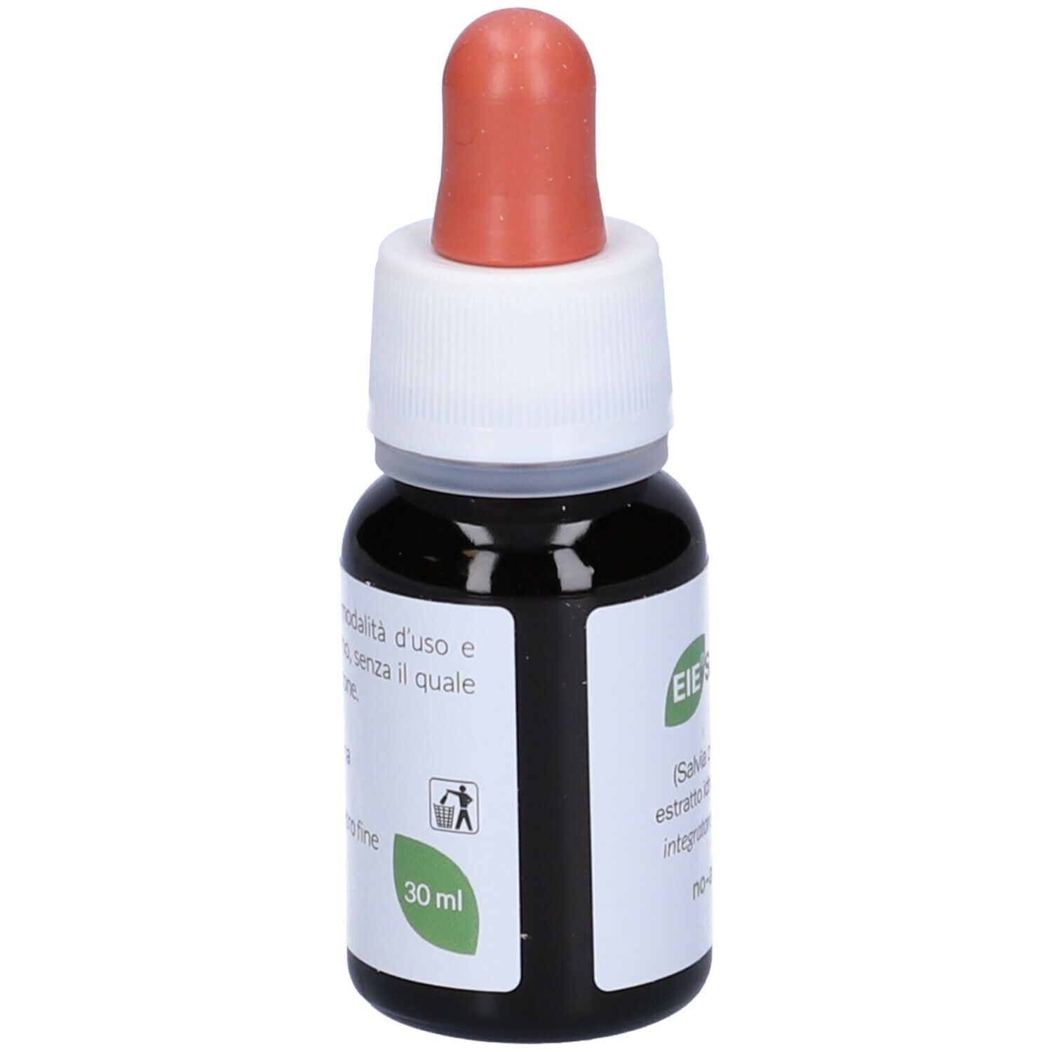 Braune Glasflasche mit Tropfer. Aufschrift: EIE Salvia, Salbei-Extrakt, NO-ALCOOL. Roter Tropfer. 30 ml.