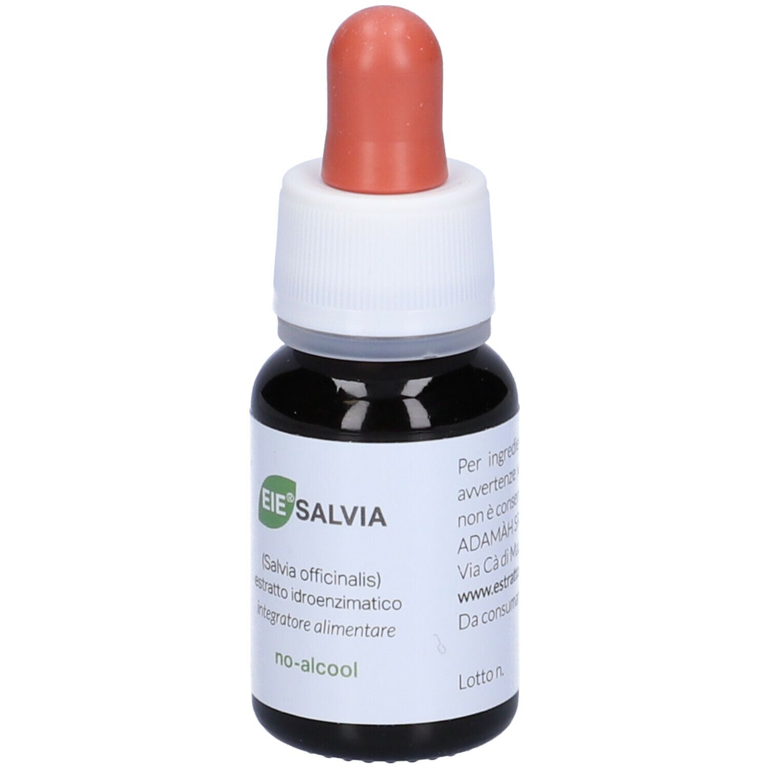 Braune Glasflasche mit Tropfer. Aufschrift: EIE Salvia, Salbei-Extrakt, NO-ALCOOL. Roter Tropfer. 30 ml. Adresse.
