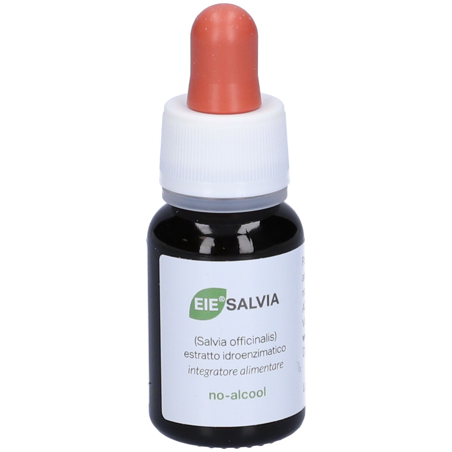 Braune Glasflasche mit Tropfer. Aufschrift: EIE Salvia, Salbei-Extrakt, NO-ALCOOL. Roter Tropfer. 30 ml.