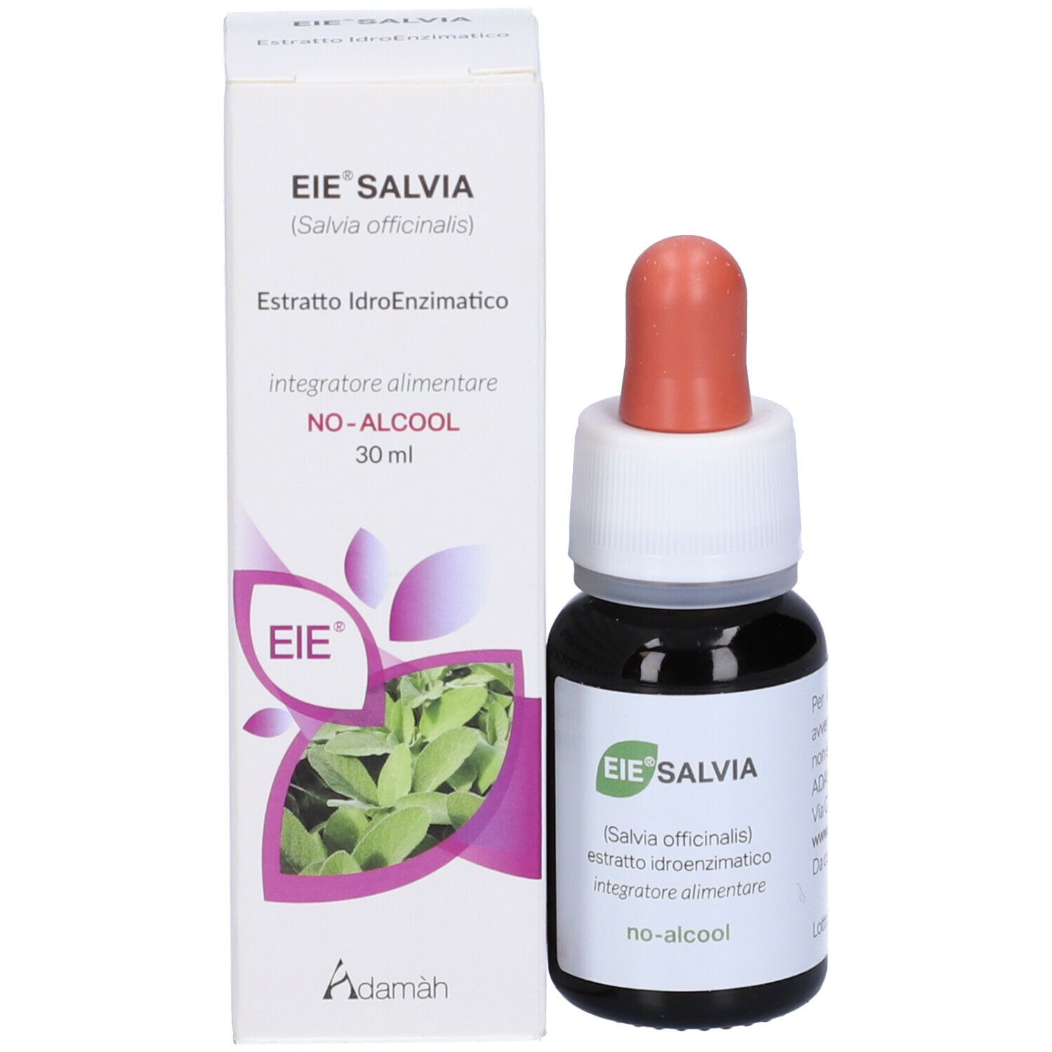 Produktverpackung und Flasche. Aufschrift: EIE Salvia, Salbei-Extrakt, NO-ALCOOL. Roter Tropfer. 30 ml. Logo EIE und Adamàh.