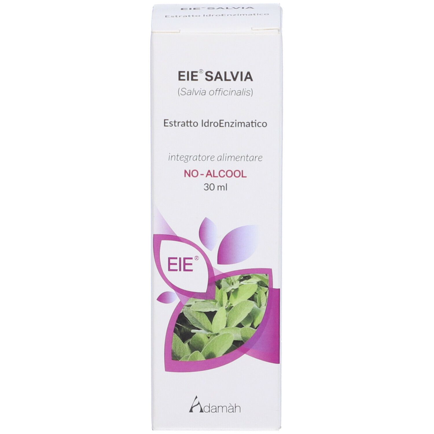 Weißer Karton mit Produktinformationen. Aufdruck: EIE Salvia, Salbei-Extrakt, 30 ml, NO-ALCOOL. Logo EIE und Adamàh.
