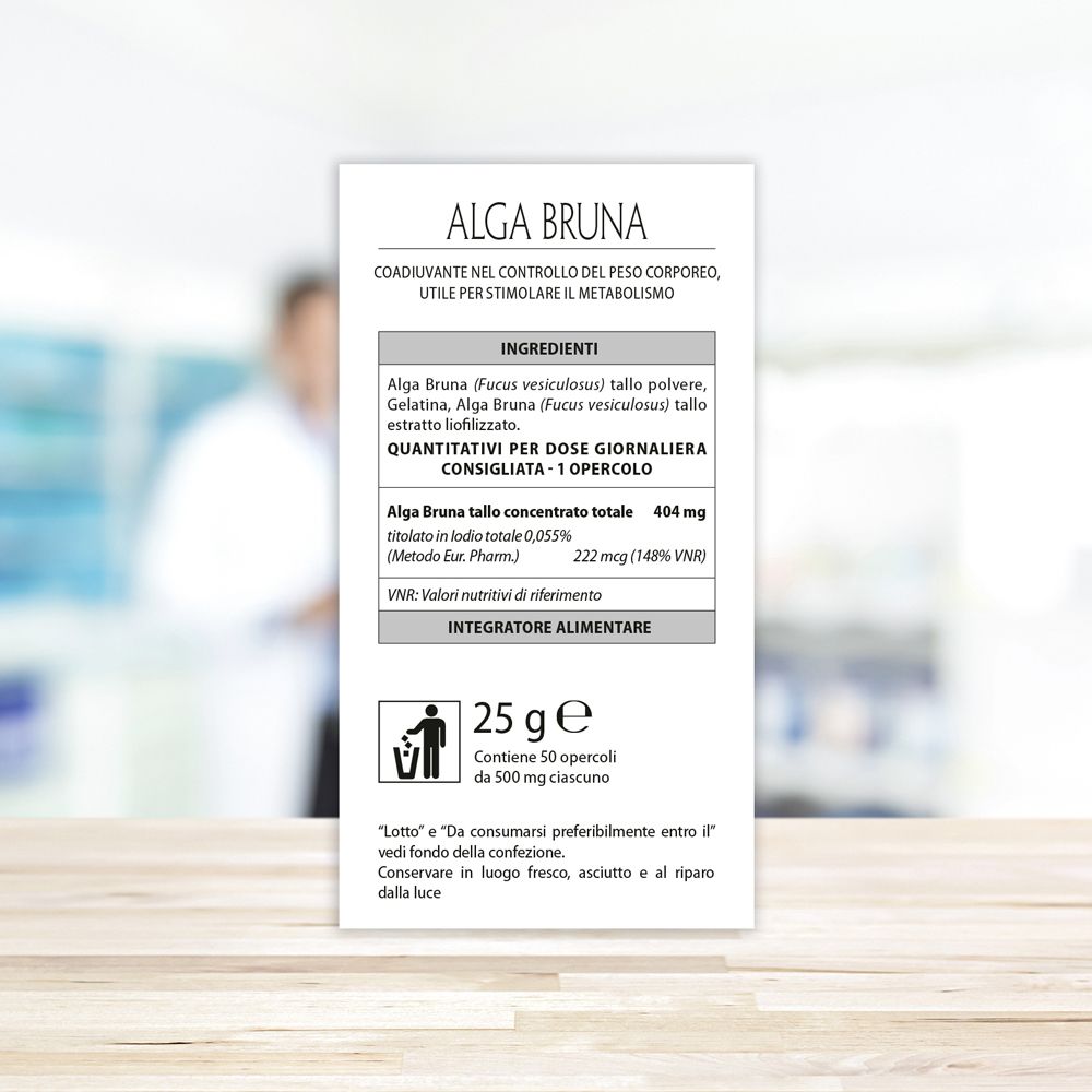 Dos de l'emballage du produit. Texte : Alga Bruna, Integratore Alimentare. Ingrédients, dosage, 25g, 50 gélules.