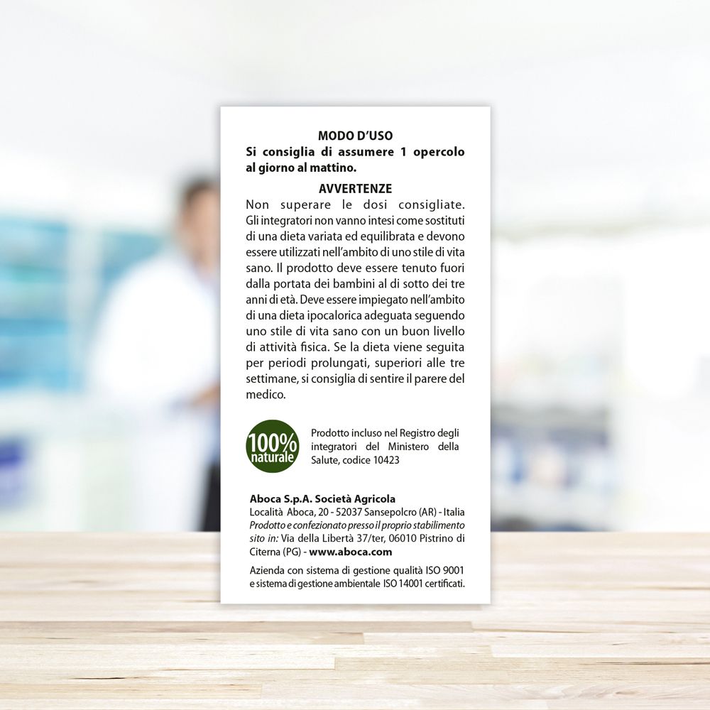 Texte au dos de l'emballage. Texte : Alga Bruna, Concentrato Totale. Instructions d'utilisation, avertissements, fabricant.