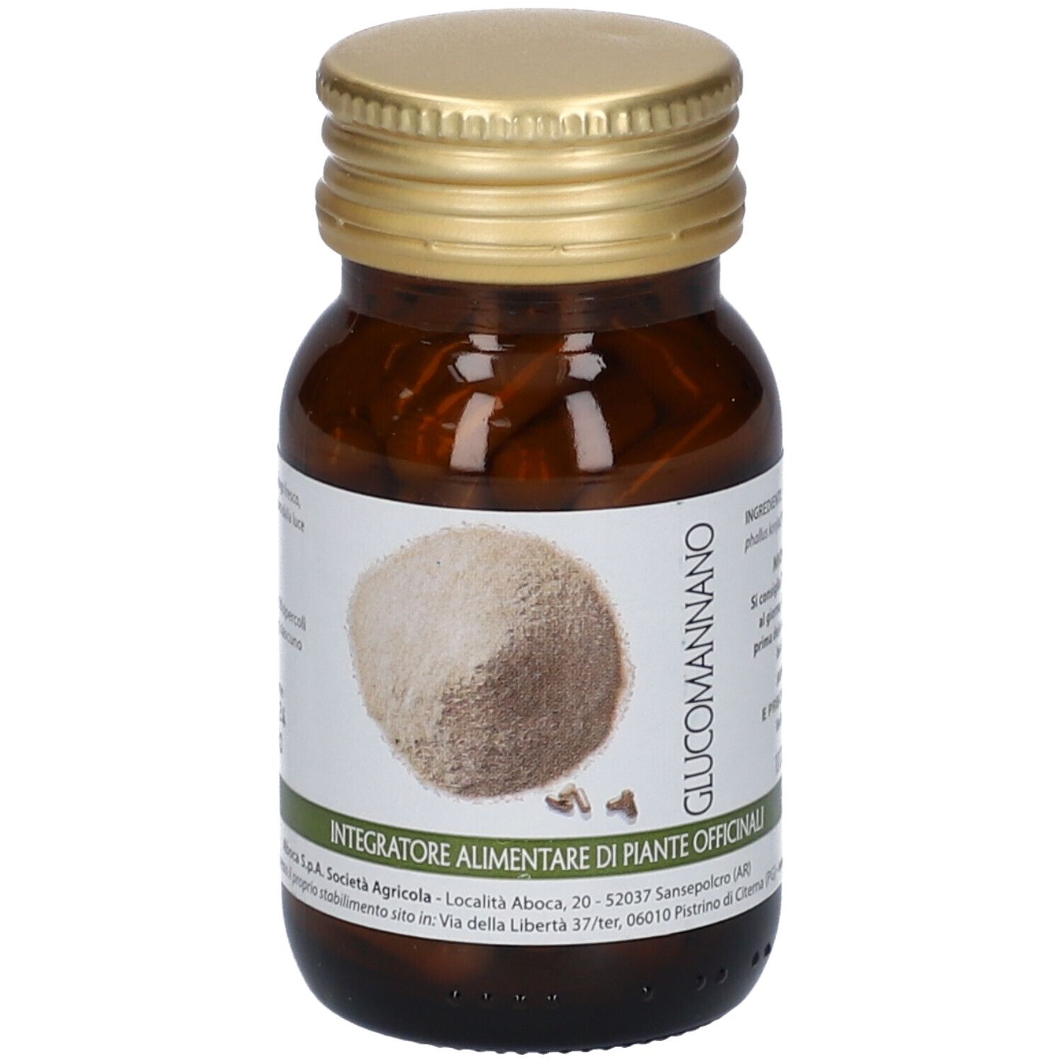 Braune Glasflasche mit goldfarbenem Deckel. Aufschrift: Glucomannano. Enthält 50 Kapseln, 27,5 g.