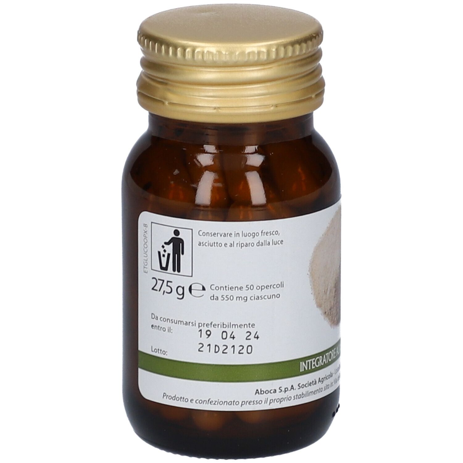 Braune Glasflasche mit goldfarbenem Deckel. Aufschrift: Glucomannano. Enthält Kapseln.