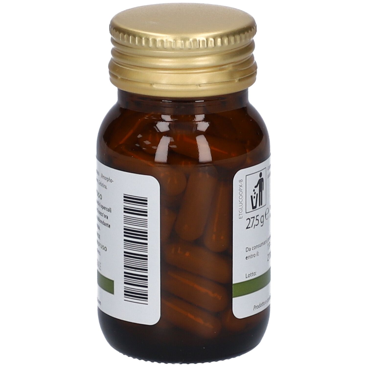 Braune Glasflasche mit goldfarbenem Deckel. Aufschrift: Glucomannano. Enthält Kapseln.