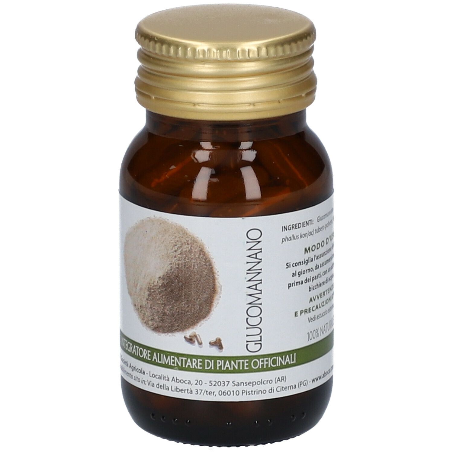 Braune Glasflasche und Schachtel. Aufschrift: Glucomannano, Aboca. Enthält Kapseln.
