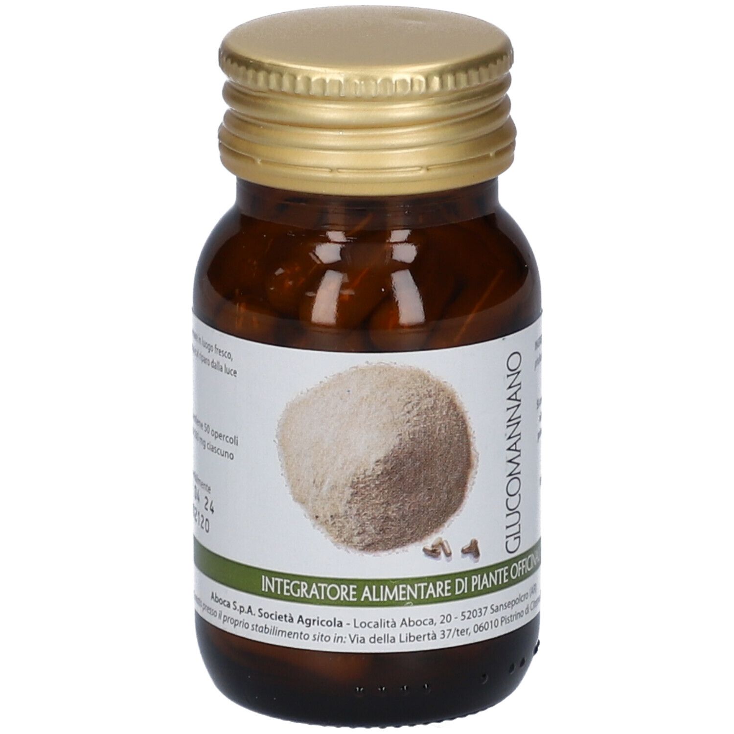 Weiße Schachtel mit Produktabbildung und Text. Aufschrift: Glucomannano, Aboca.