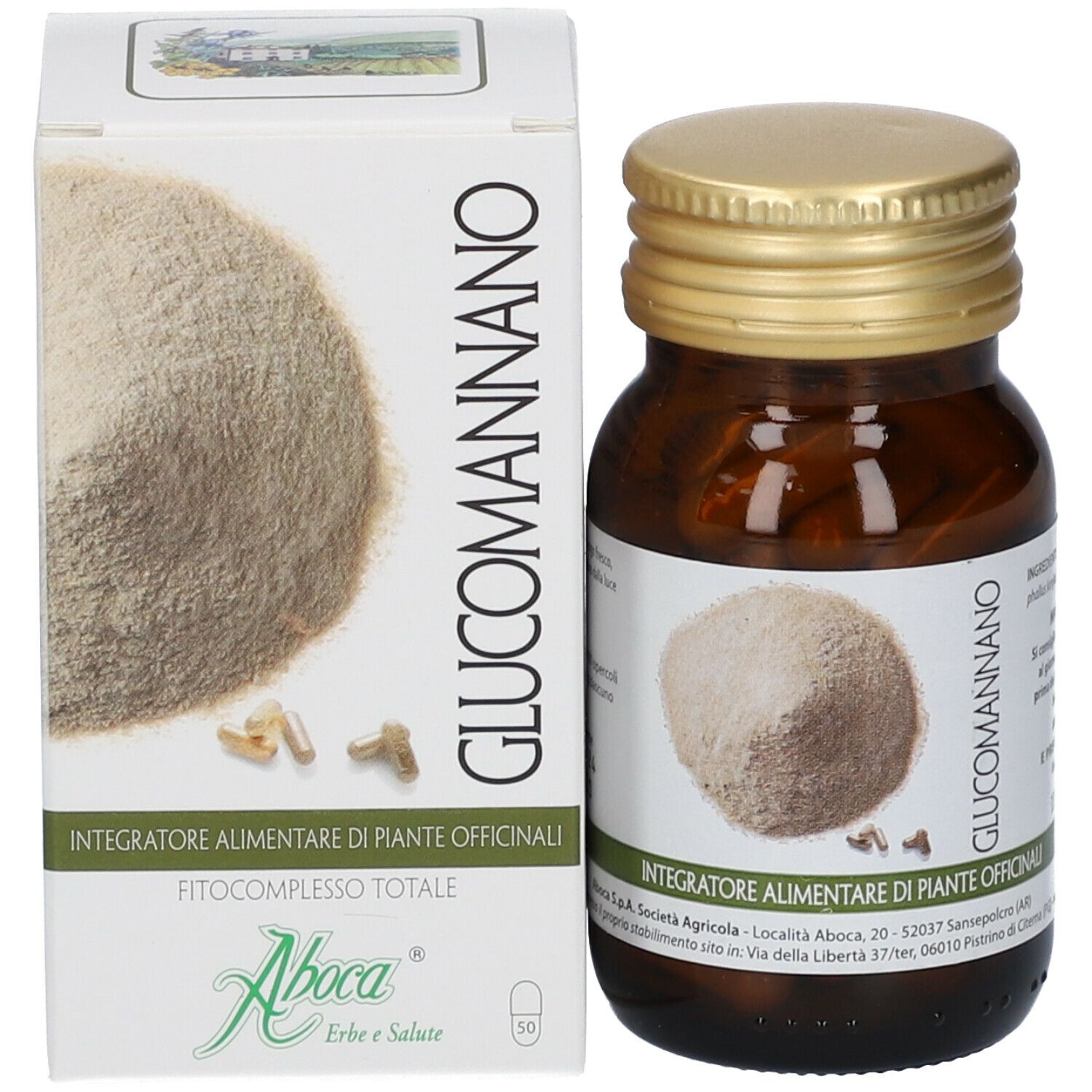 Weiße Schachtel mit Produktabbildung und Text. Aufschrift: Glucomannano, Aboca.