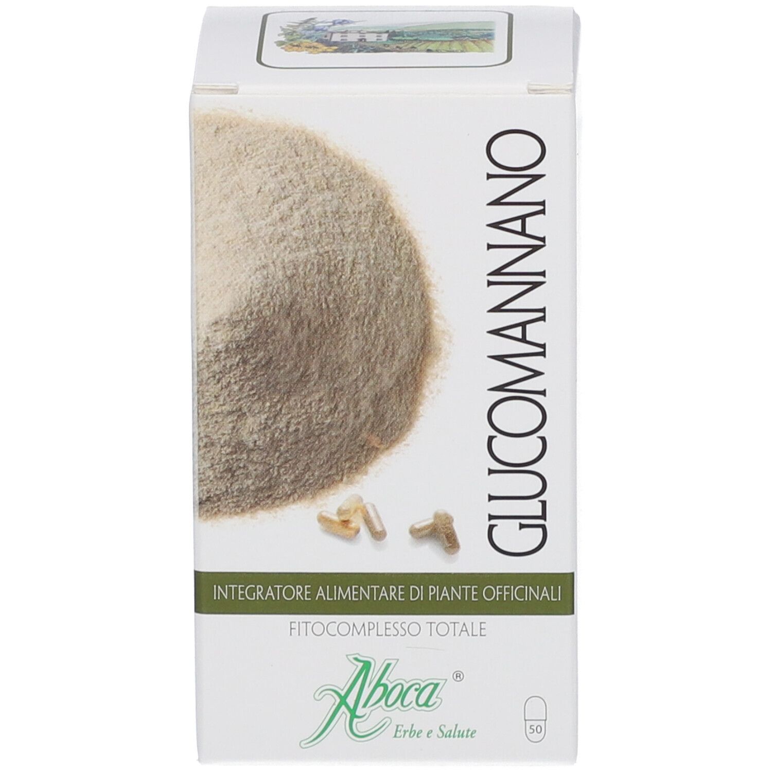 Weiße Schachtel mit Produktabbildung und Text. Aufschrift: Glucomannano, Aboca.