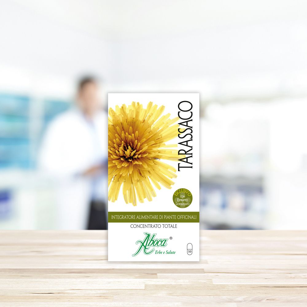 Emballage produit avec fleur jaune et texte TARASSACO. Marque Aboca®.