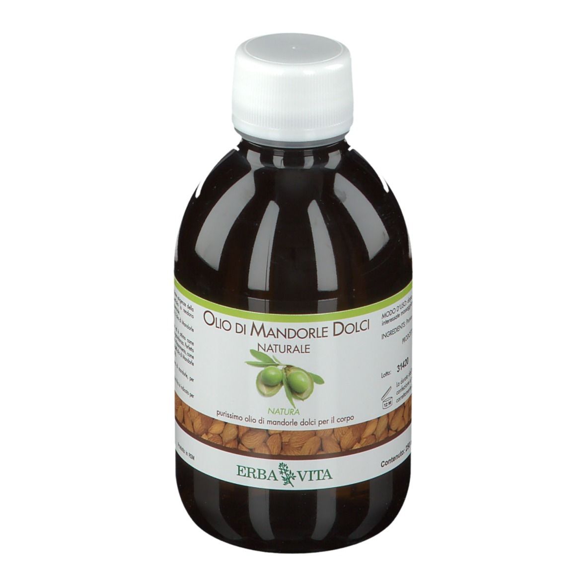 Flacon brun avec bouchon blanc. Inscription : Olio di Mandorle Dolci Naturale. Marque : ERBA VITA.