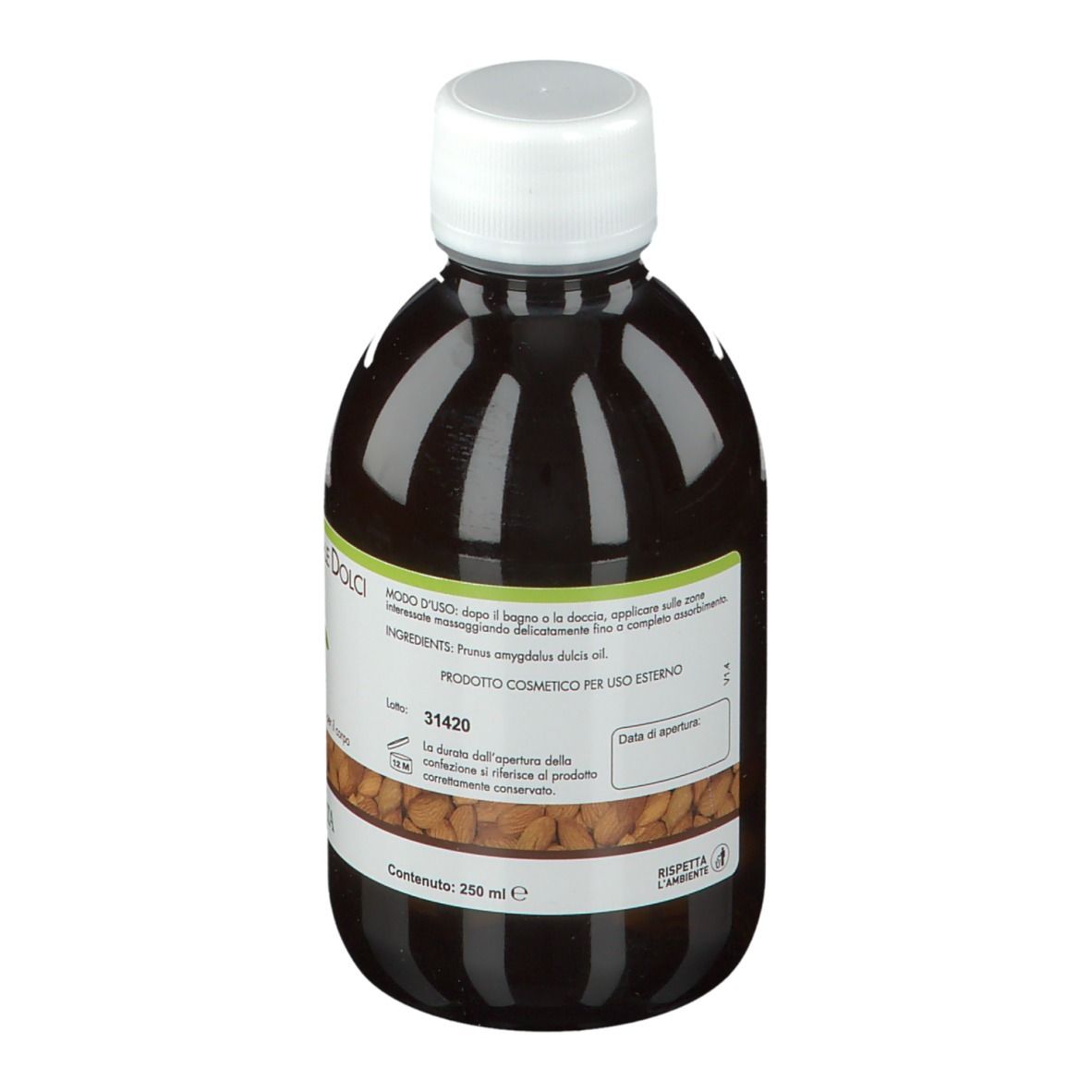 Flacon brun avec bouchon blanc. Inscription : Olio di Mandorle Dolci Naturale. Marque : ERBA VITA.