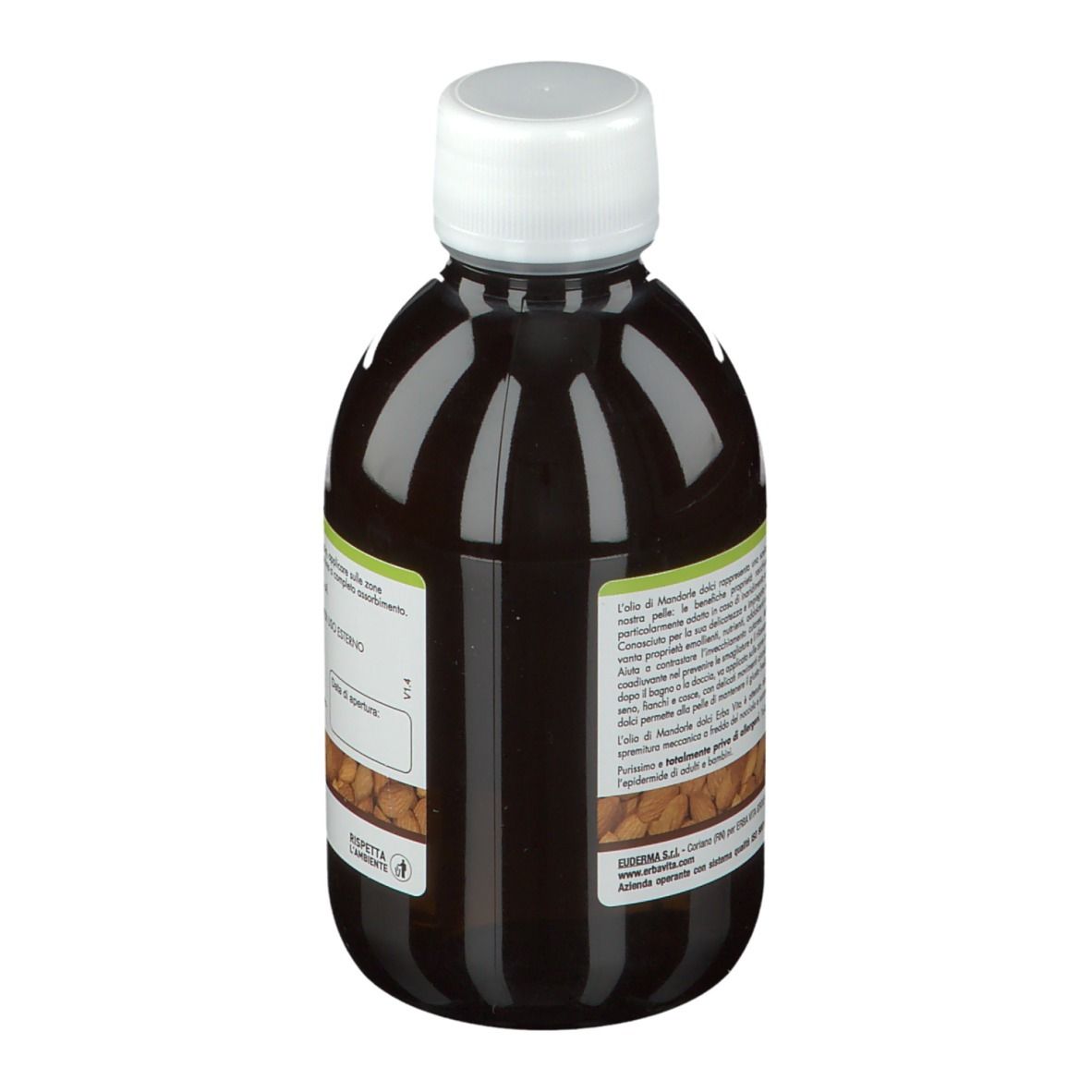 Flacon brun avec bouchon blanc. Inscription : Olio di Mandorle Dolci Naturale. Marque : ERBA VITA.