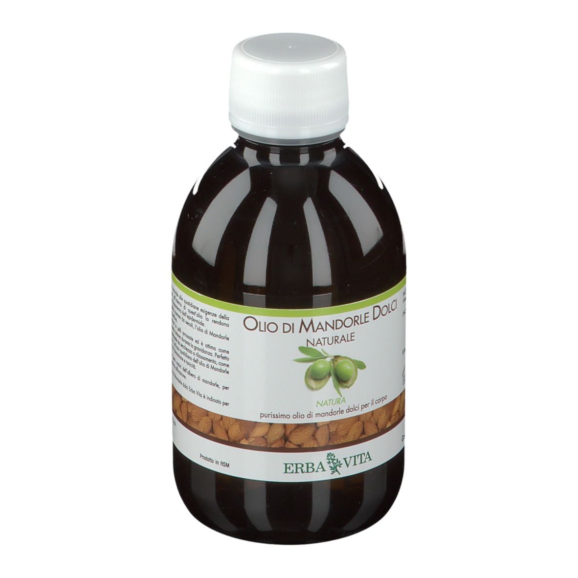 Flacon brun avec bouchon blanc. Inscription : Olio di Mandorle Dolci Naturale. Marque : ERBA VITA.