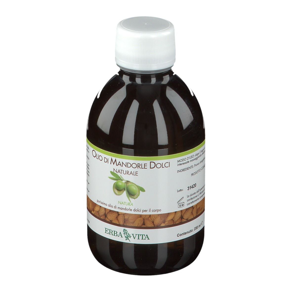 Flacon brun avec bouchon blanc. Inscription : Olio di Mandorle Dolci Naturale. Marque : ERBA VITA.