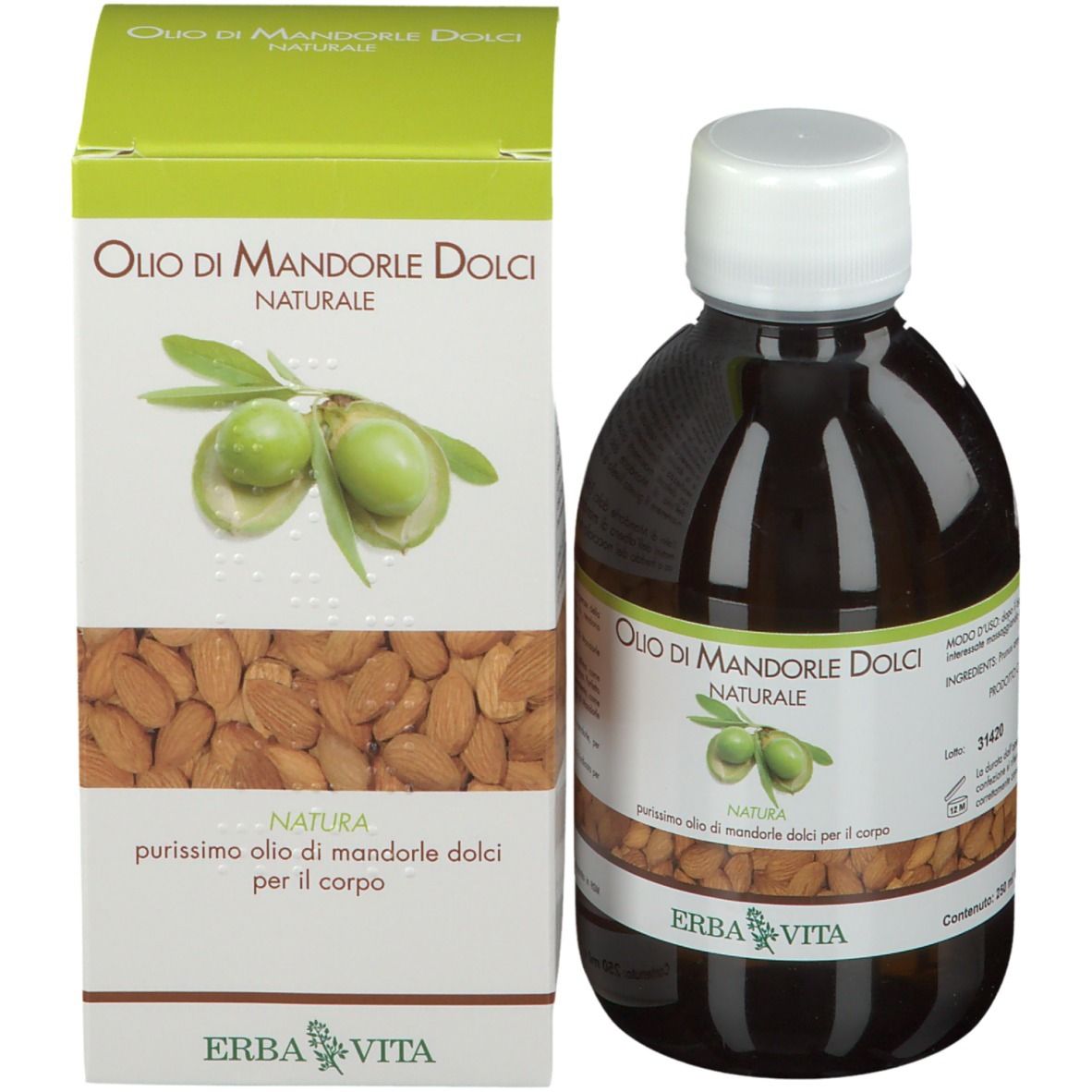 Flacon brun avec bouchon blanc et boîte. Inscription : Olio di Mandorle Dolci Naturale. Marque : ERBA VITA.