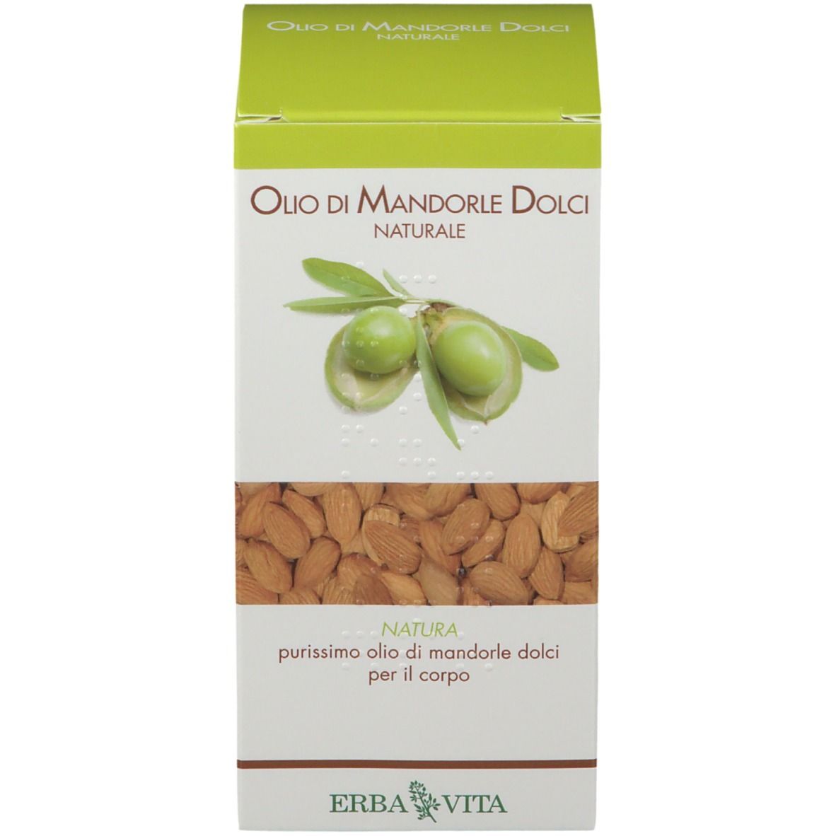 Emballage vert avec inscription : Olio di Mandorle Dolci Naturale. Marque : ERBA VITA.