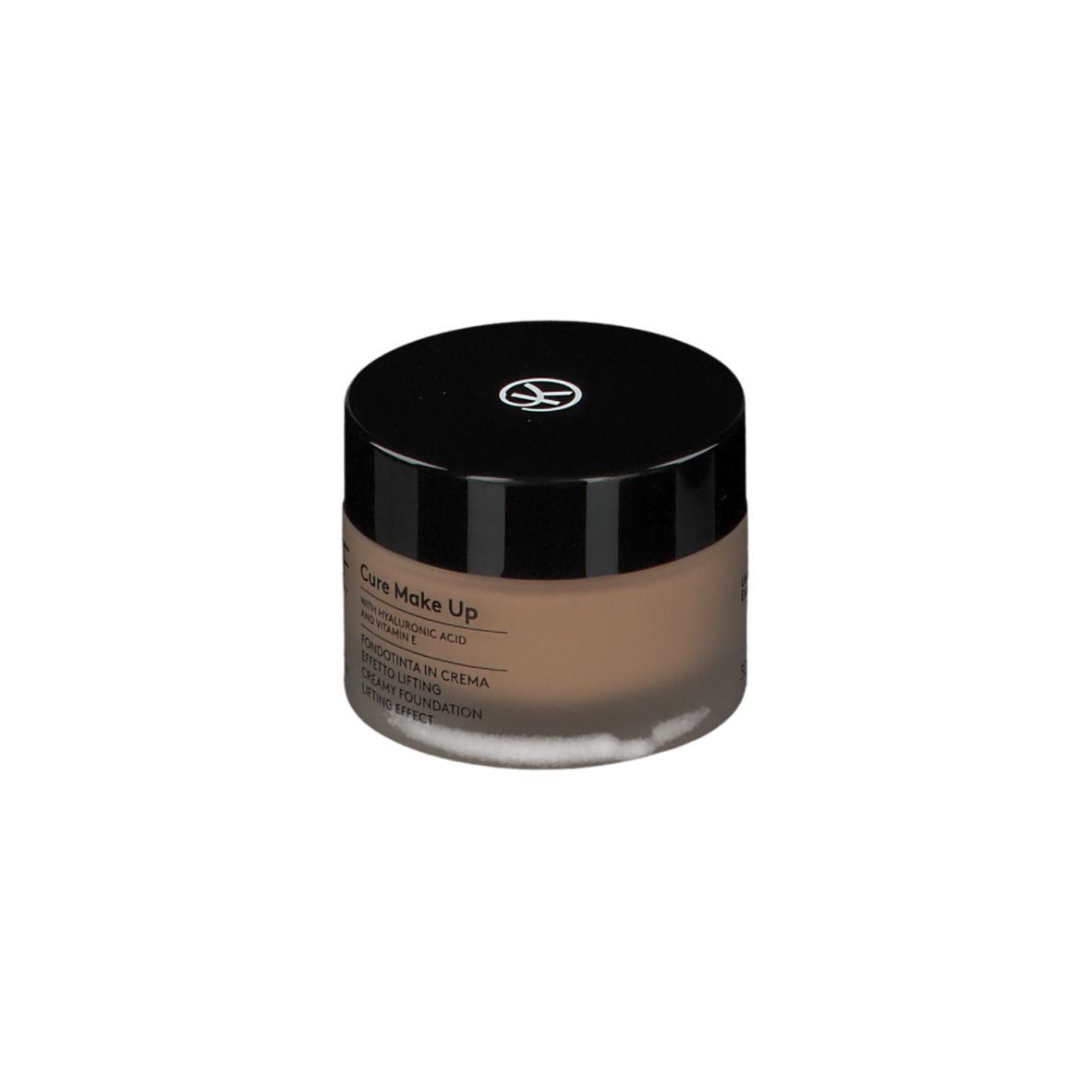 KORFF Lifting-Effekt-Creme-Foundation 05. Braune Creme in einem Tiegel mit schwarzem Deckel. Produktbezeichnung und Inhaltsstoffe sichtbar.