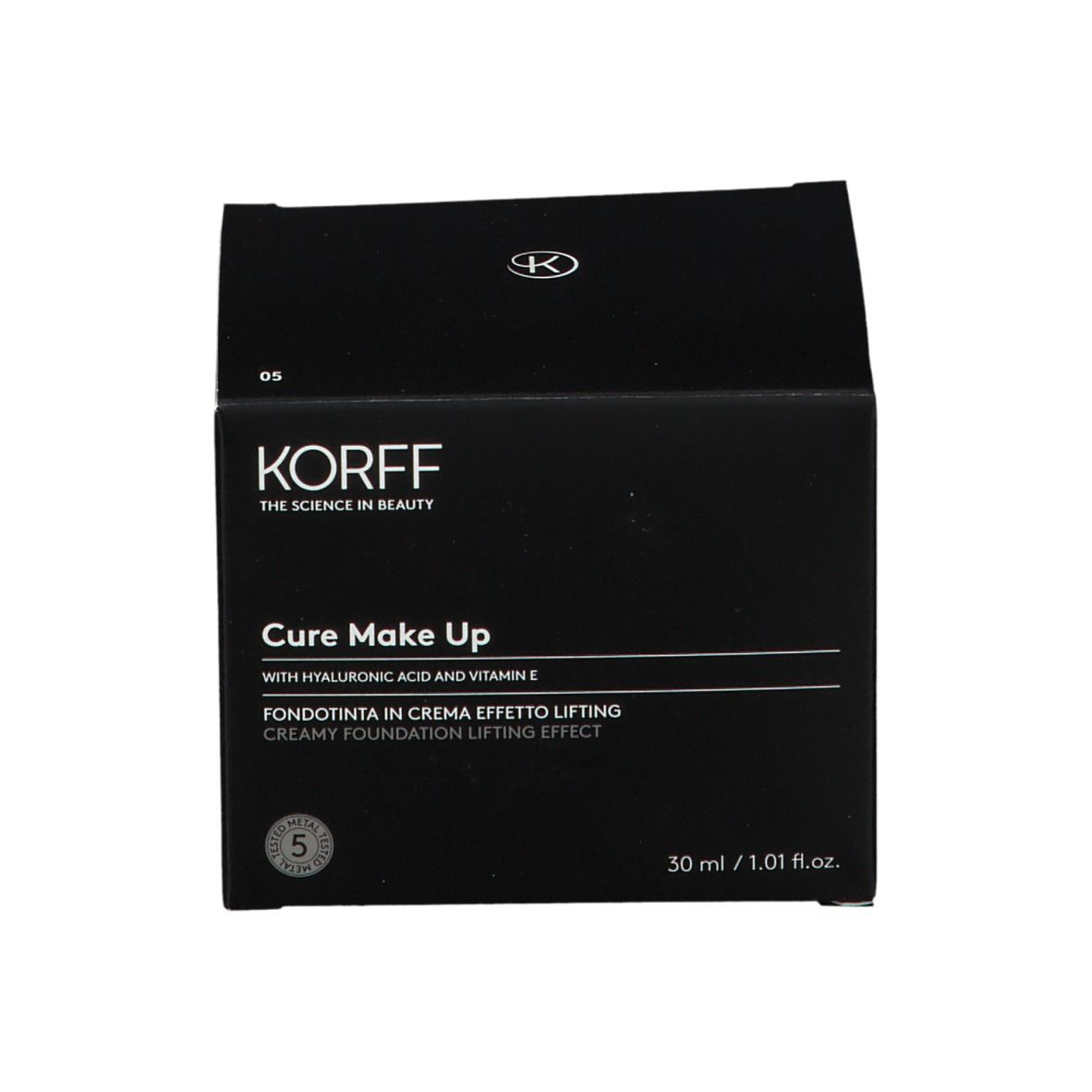 KORFF Lifting-Effekt-Creme-Foundation 05. Schwarze Verpackung mit Produktbezeichnung und Inhaltsstoffen. Tiegel daneben.