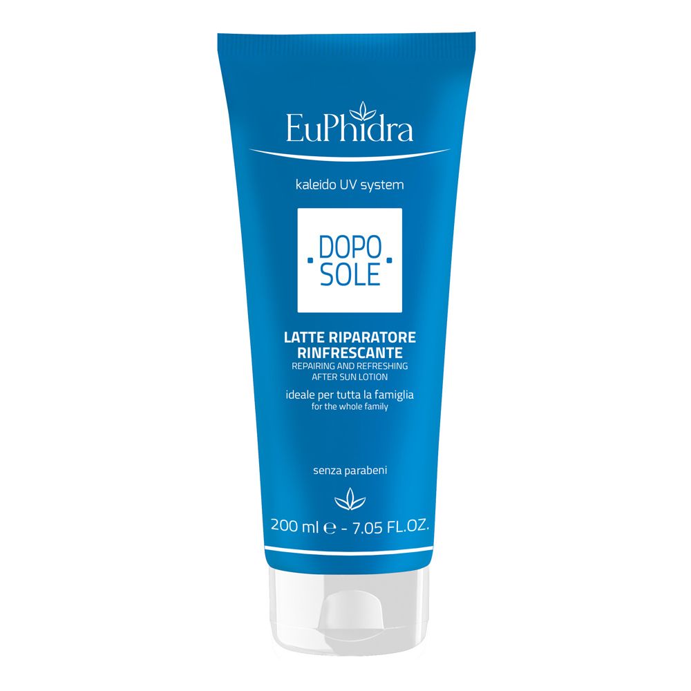 Tube bleu avec bouchon blanc. Texte: EuPhidra, Dopo Sole, Latte Riparatore Rinfrescante. 200 ml.