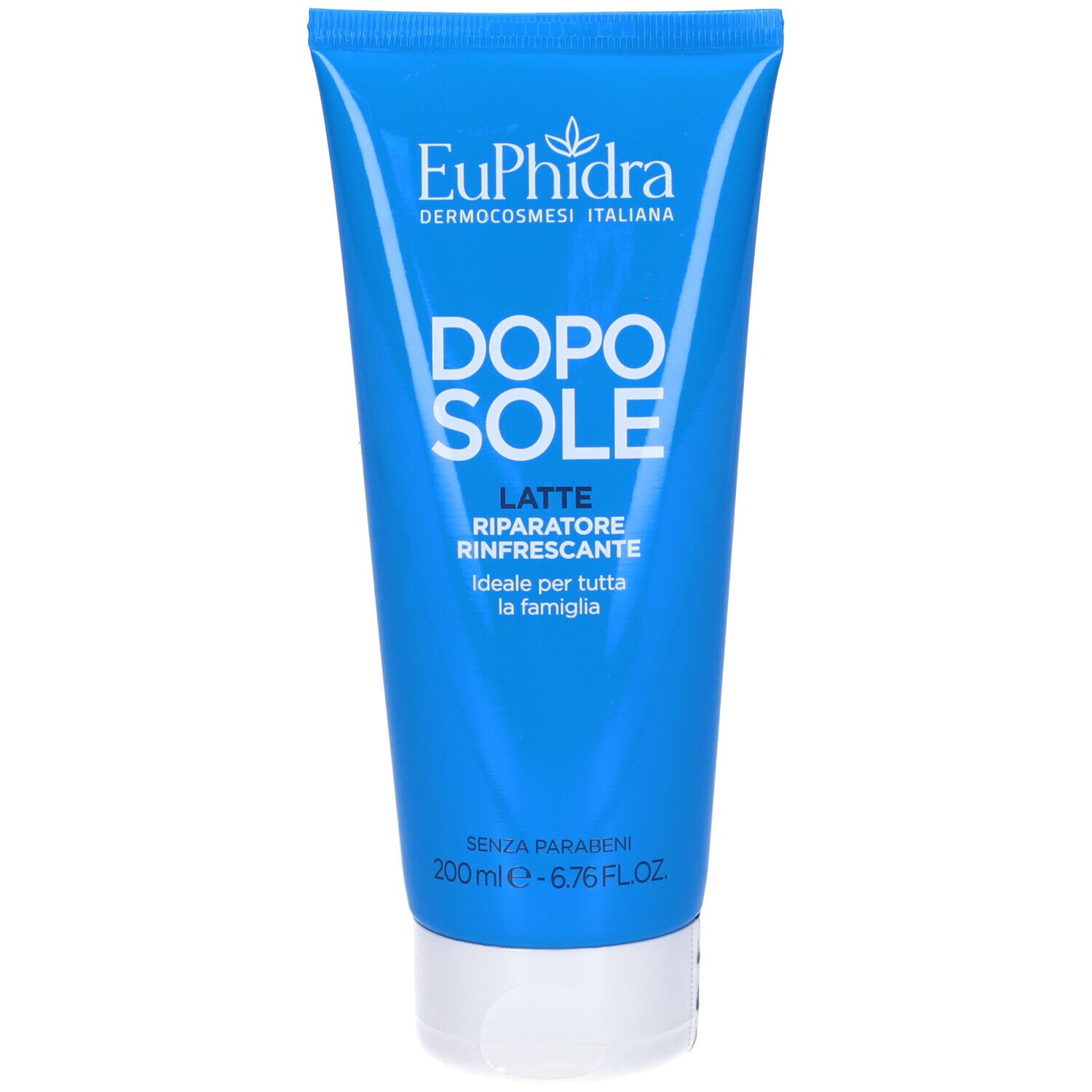 Tube bleu avec bouchon blanc. Texte: EuPhidra, Dopo Sole, Latte Riparatore Rinfrescante. 200 ml.