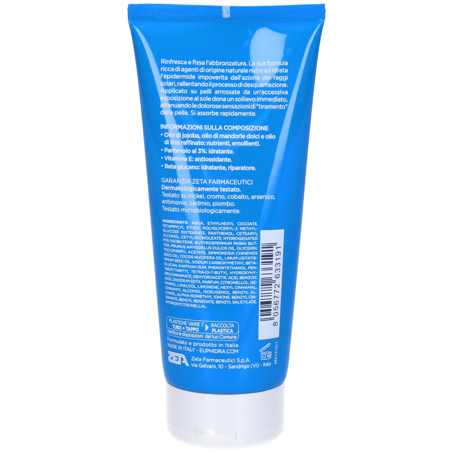 Dos d'un tube bleu avec bouchon blanc. Texte et ingrédients. Texte: Garanzia Farmaceutici.
