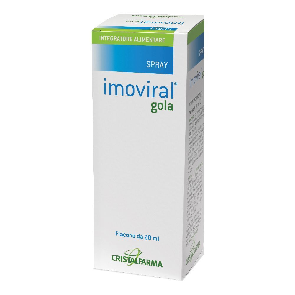 Weiße Schachtel mit blau-grüner Beschriftung. Enthält 'Imoviral Gola Spray'. 'Integratore Alimentare' und 'Cristalfarma' sind ebenfalls sichtbar.