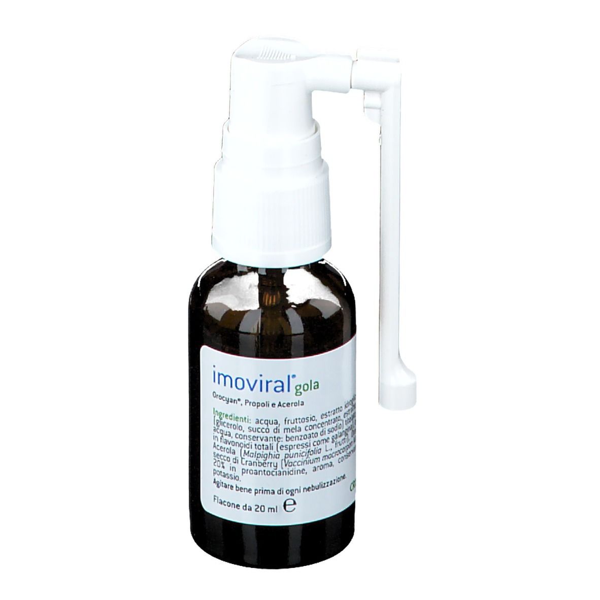 Braune Glasflasche mit weißem Sprühkopf. Beschriftung: 'Imoviral Gola'. Enthält Inhaltsstoffe. 'Flacone da 20 ml'.