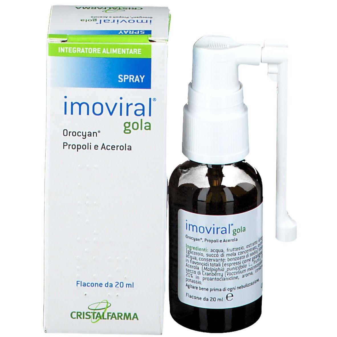 Braune Glasflasche und Schachtel. 'Imoviral Gola' und 'Orocian' sind sichtbar. 'Flacone da 20 ml'.