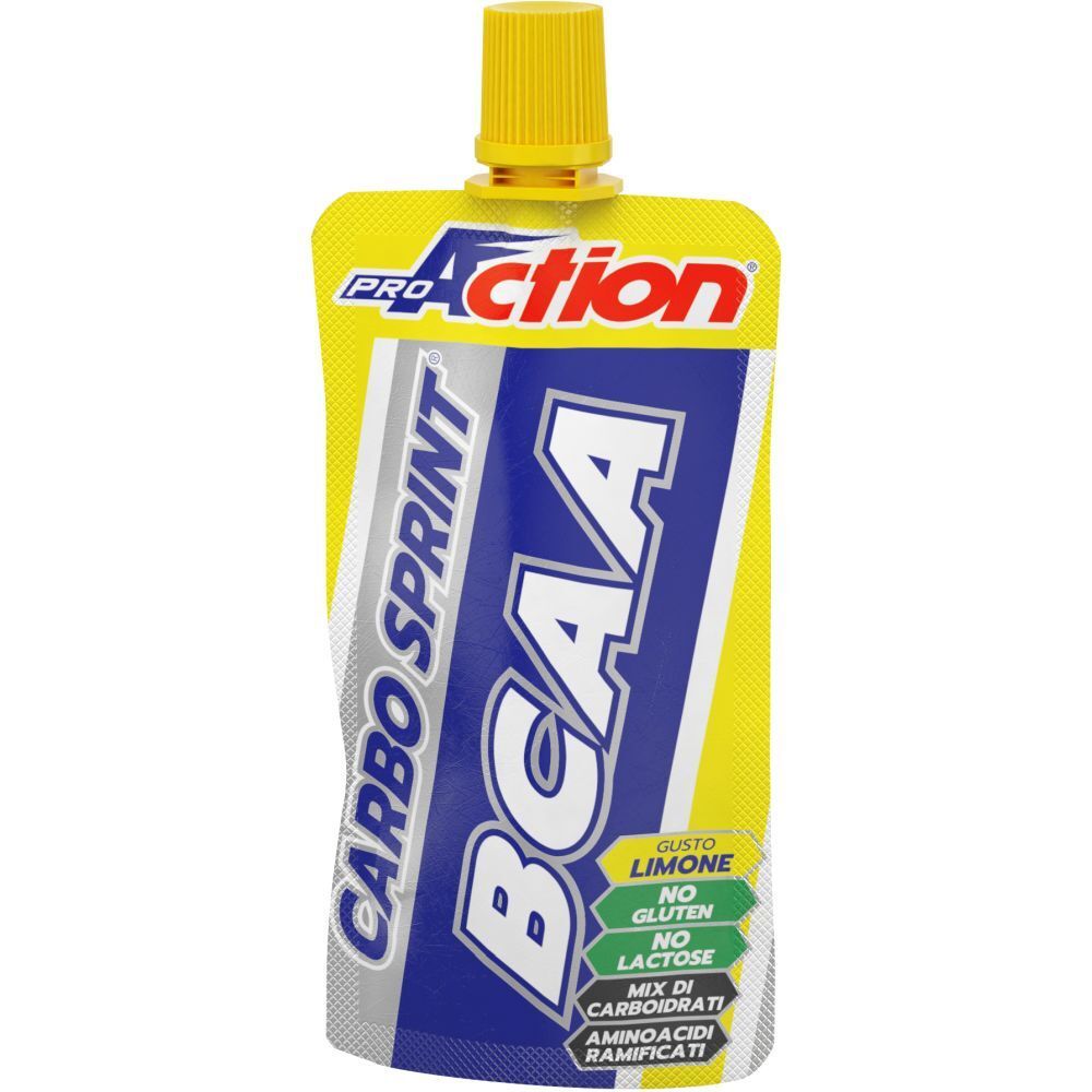 Sachet jaune avec logo "ProAction" et "Carbo Sprint BCAA". Texte : "Gusto Limone", "No Gluten", "No Lattosio".