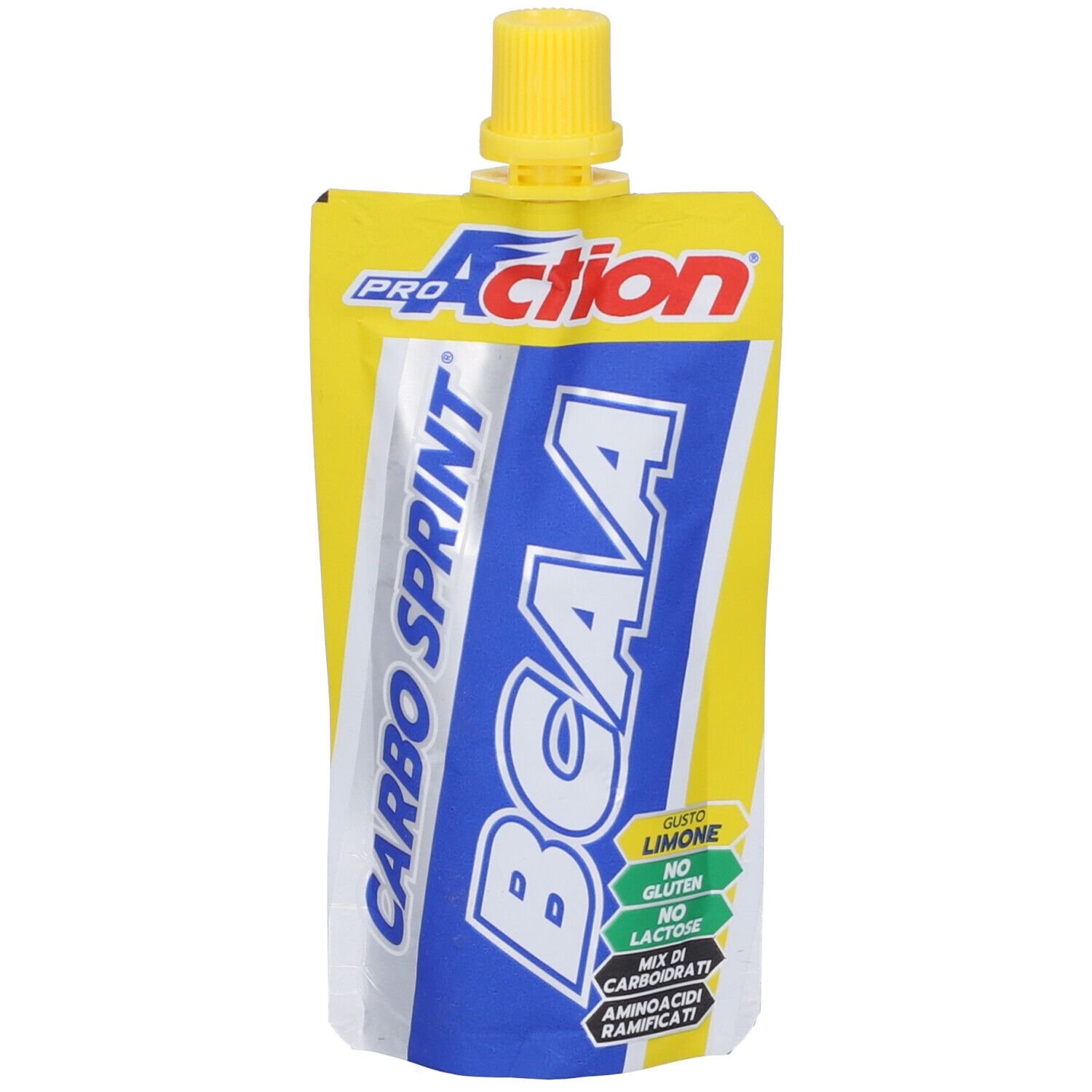 Sachet jaune avec logo "ProAction" et "Carbo Sprint BCAA". Texte : "Gusto Limone", "No Gluten", "No Lattosio".