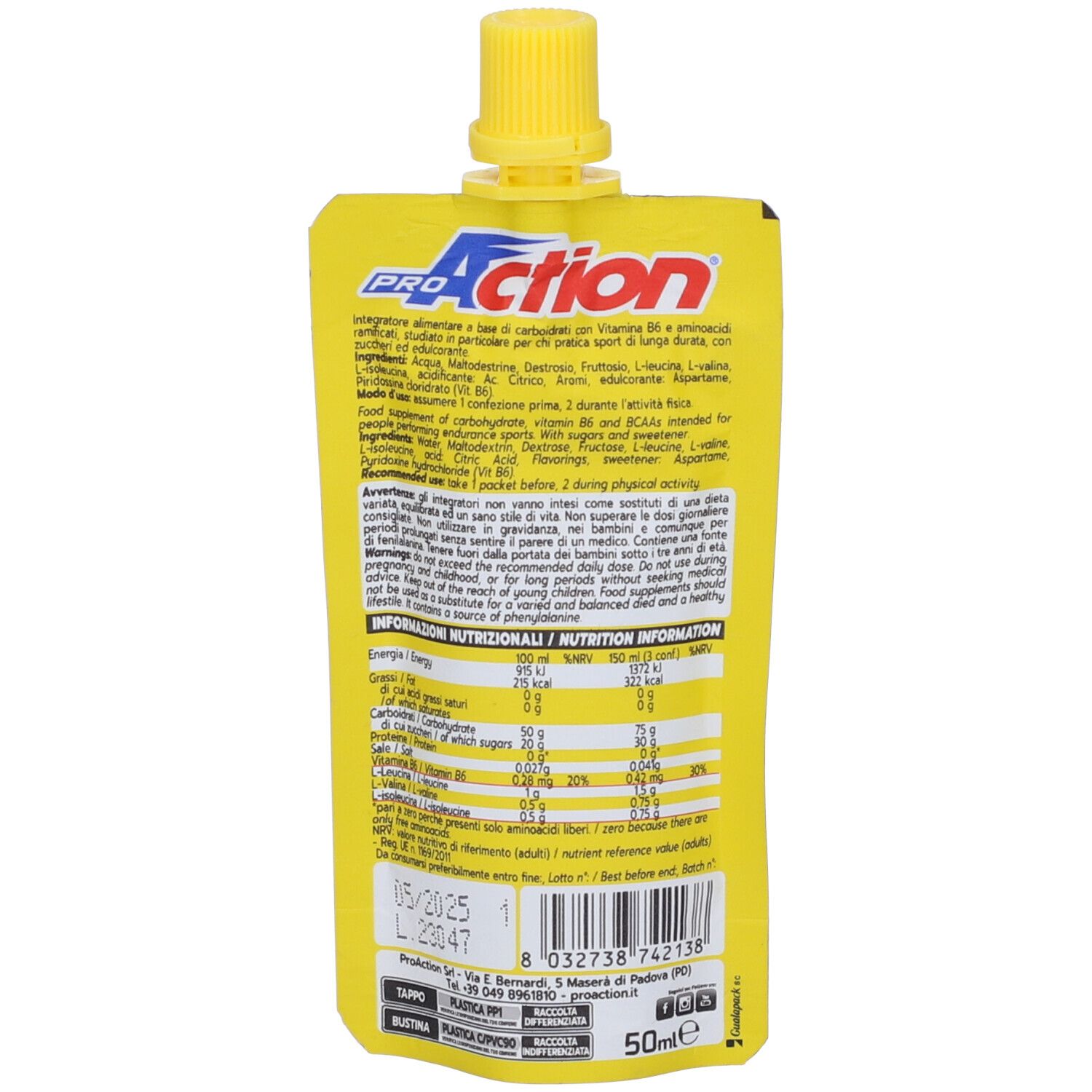 Dos d'un sachet jaune avec texte et informations nutritionnelles. Logo "ProAction". Texte : "50ml".