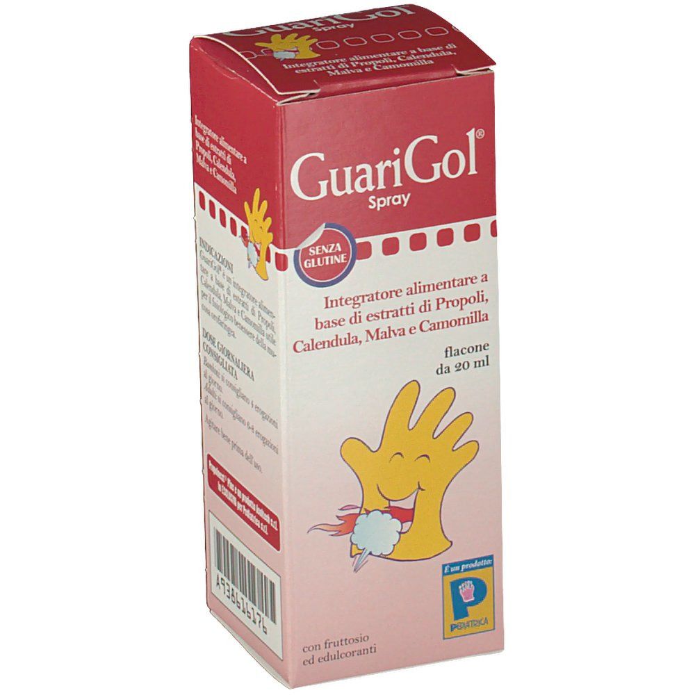 GuariGol Spray-Verpackung. Rote Schachtel mit Produktnamen und Illustration. Enthält 20 ml. Glutenfrei.