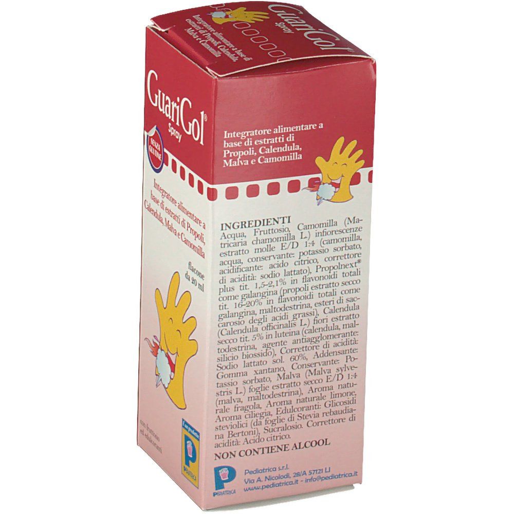 GuariGol Spray-Verpackung, Rückseite. Zutatenliste: Wasser, Kamille, Malve, Calendula, Propolex plus. Enthält keine Alkohol.