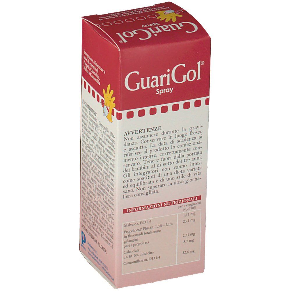 GuariGol Spray-Verpackung, Seite. Warnhinweise und Nährwertangaben. Enthält Malve, Propolex, Calendula, Kamille.