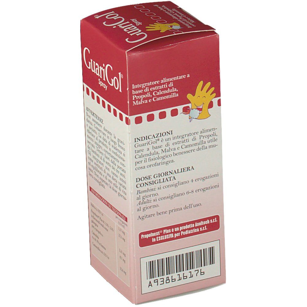 GuariGol Spray-Verpackung, Seite. Dosierungsanweisungen. Enthält Propolex Plus. Produkt von Pediatrica.