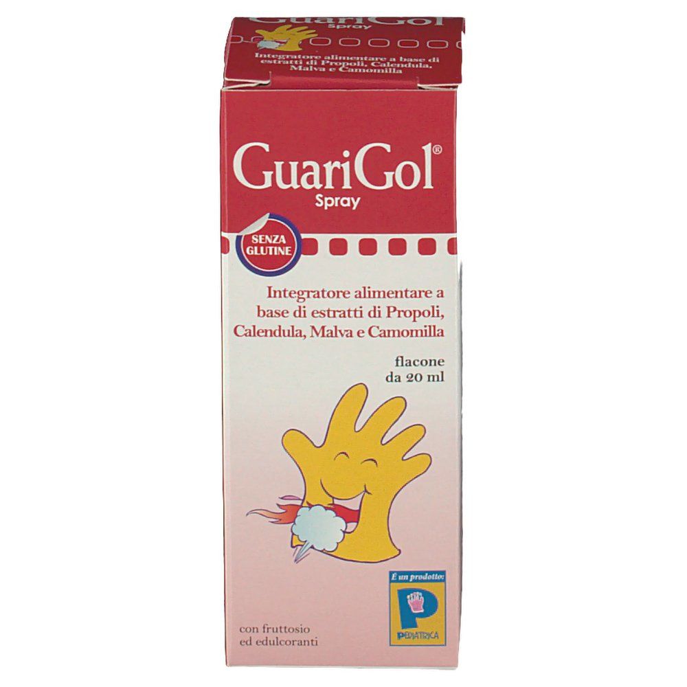 GuariGol Spray-Verpackung. Rote Schachtel mit Produktnamen und Illustration. Enthält 20 ml. Glutenfrei.