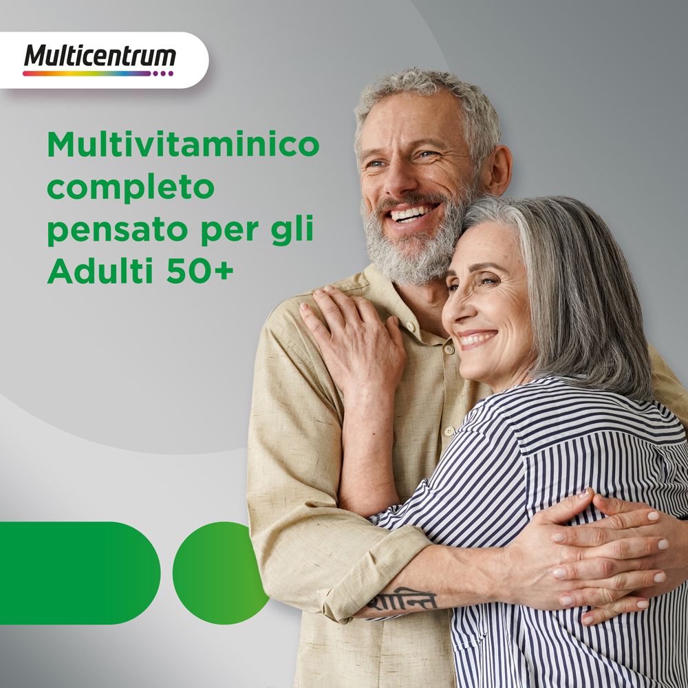 Älteres Paar umarmt sich. Text: Multivitaminico completo pensato per gli Adulti 50+.