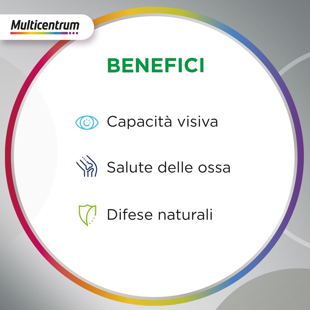 Kreisförmige Grafik mit Text: BENEFICI. Symbole für Sehvermögen, Knochengesundheit und natürliche Abwehrkräfte.