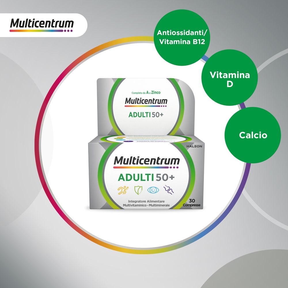 Multicentrum ADULTI 50+ Packung mit 30 Tabletten. Mit Vitamin D, Calcium und Antioxidantien/Vitamin B12.