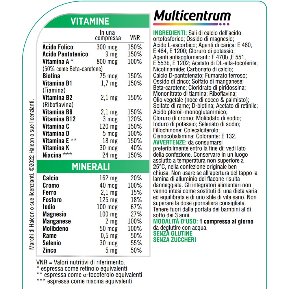 Nährwertangaben und Inhaltsstoffe von Multicentrum ADULTI 50+. Enthält Vitamine und Mineralien.
