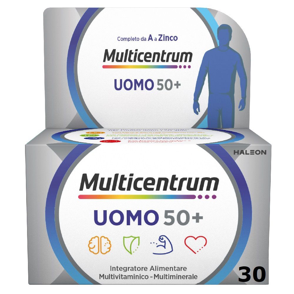 Multicentrum Uomo 50+ Packung. Enthält 30 Tabletten. Mit Logo, Schriftzug und Illustration eines Mannes.