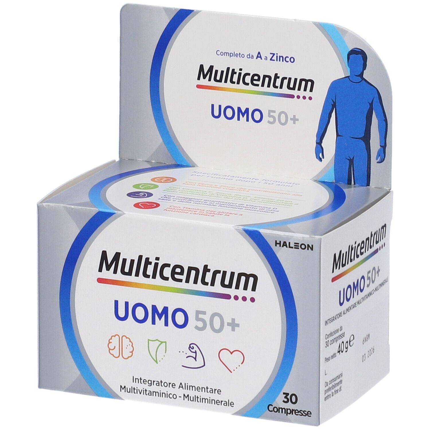 Multicentrum Uomo 50+ Packung. Enthält 30 Tabletten. Mit Logo, Schriftzug und Illustration eines Mannes.