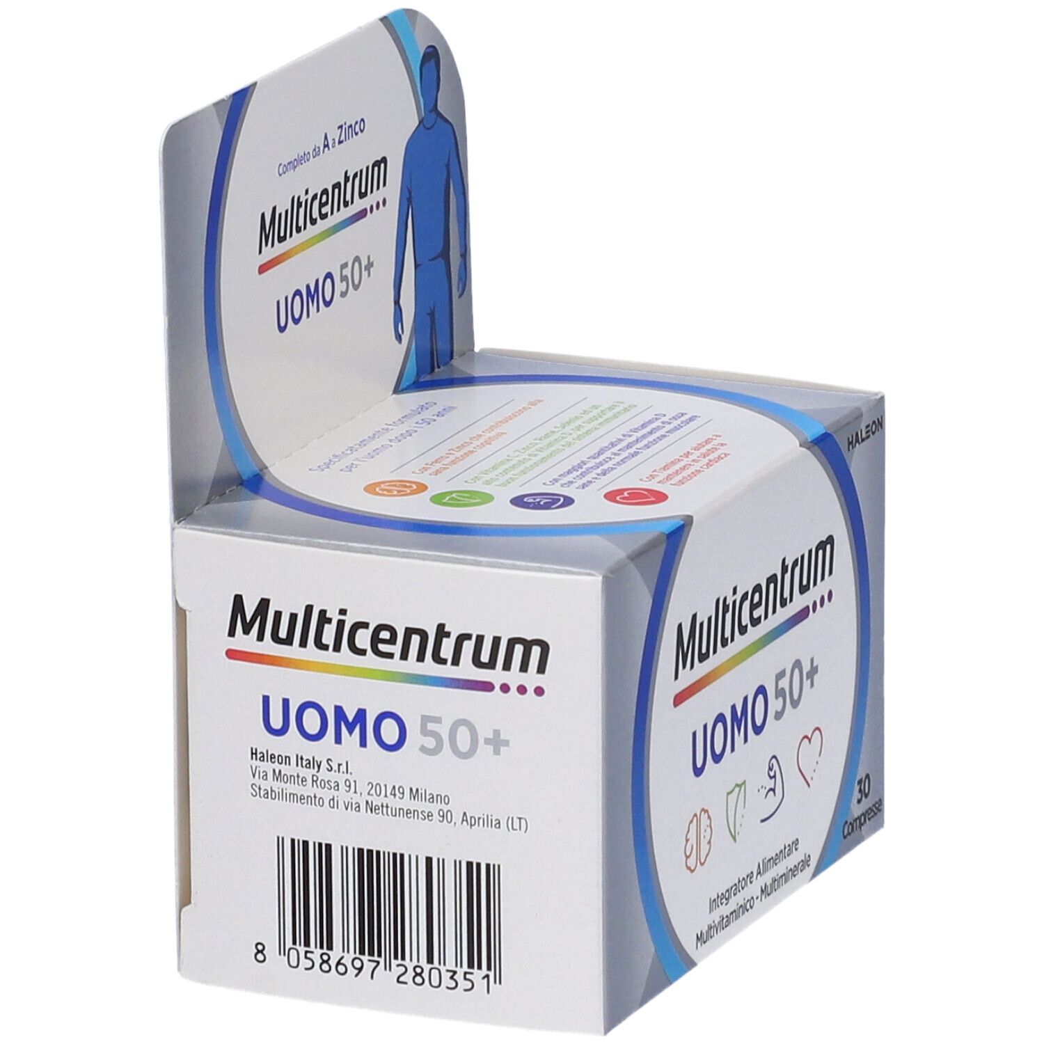Multicentrum Uomo 50+ Packung. Enthält 30 Tabletten. Mit Logo, Schriftzug und Illustration eines Mannes.